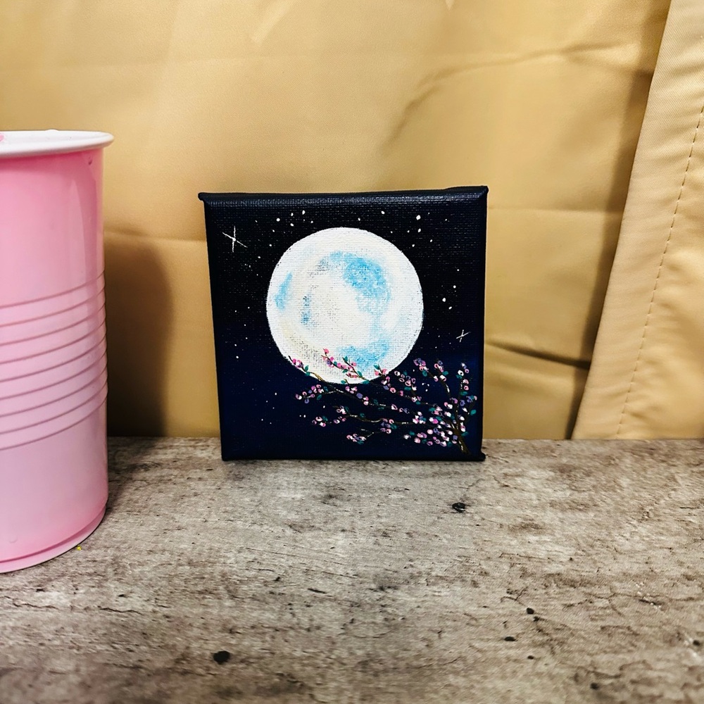 Hand-Painted Moonlit Blossom Canvas Art - Blue, White, Pink Size 4” x 4” Acrylic